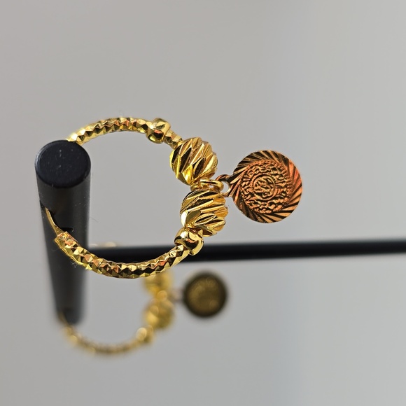 Vintage Dangle Hoop Earrings — Textured Beads & Coin Charms - Picture 3 of 5